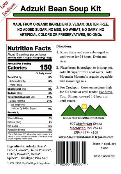 Adzuki Bean (Low Sodium) Back Label