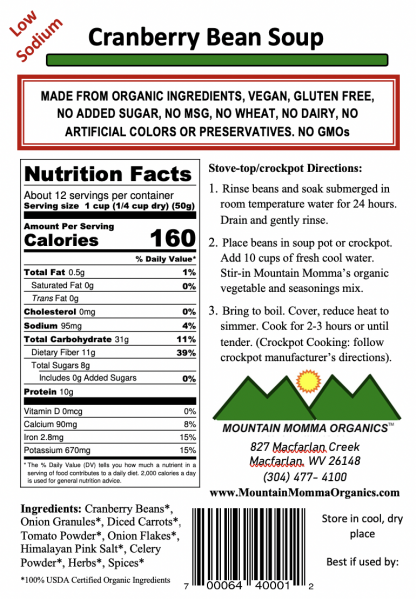 Cranberry Bean (Low Sodium) - Back Label