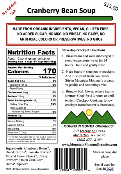 Cranberry Bean (No Added Salt) - Back Label