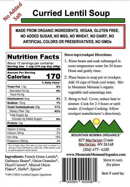 Curried Lentil (No added Salt) Back Label