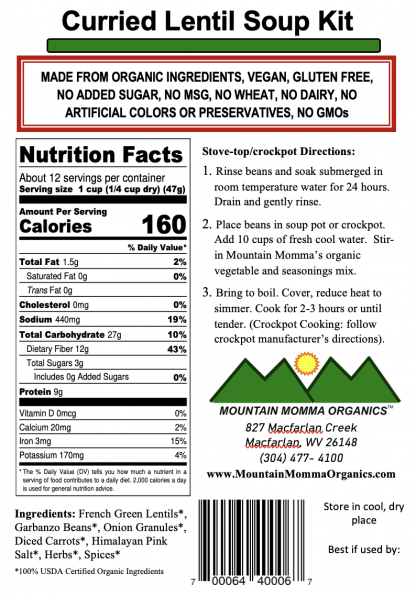 Curried Lentil Soup (Reg) Back Label