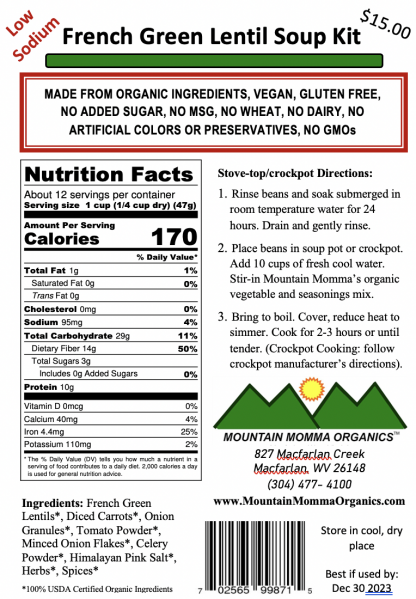 French Green Lentil (Low Sodium) - Back Label