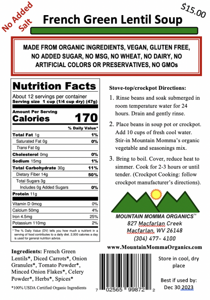 French Green Lentil (No Added Salt) - Back Label