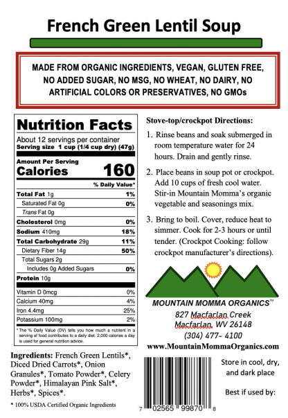 French Green Lentil (regular) - Back Label