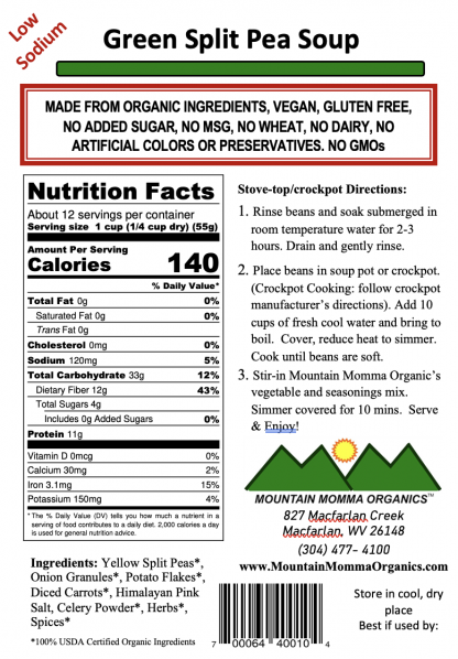 Green Split Pea (Low Sodium) - Back Label