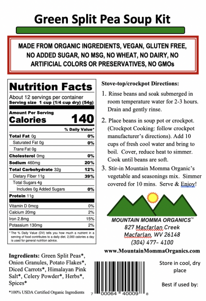 Green Split Pea (regular) - Back Label