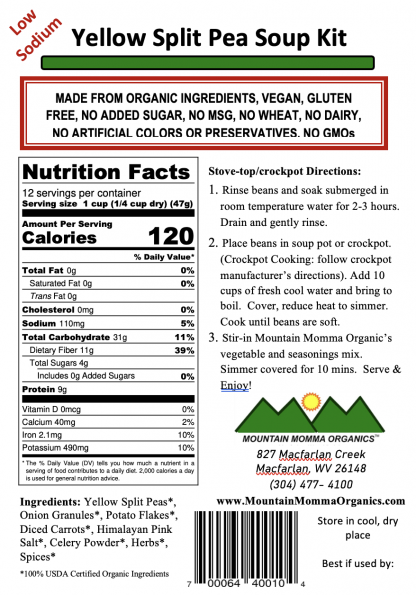 Yellow Split Pea (Low Sodium) - Back Label