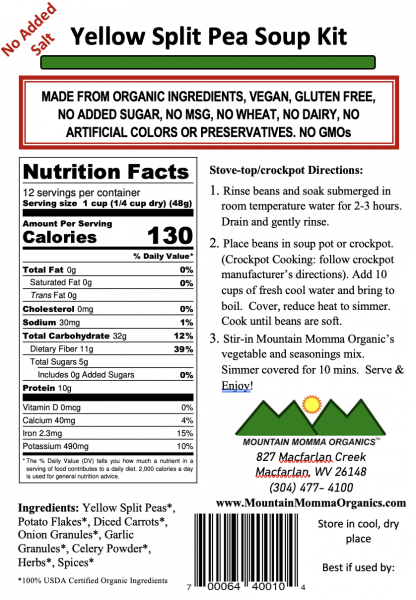 Yellow Split Pea (No Added Salt) - Back Label