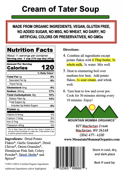 Cream of Potato - BacK Label